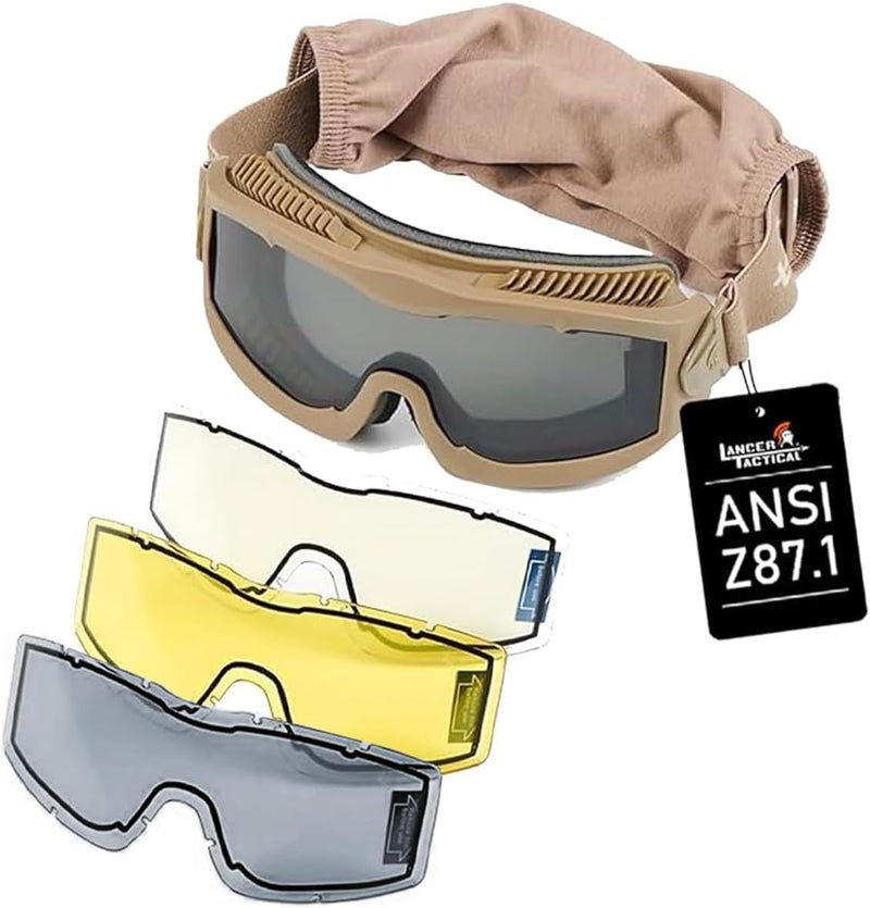 Lancer Tactical AERO Airsoft Tactical Safety Goggles ANSI Z87.1, 3mm Dual Pane Anti-Fog Lens for Hunting, Paintball, Cycling - Image 1